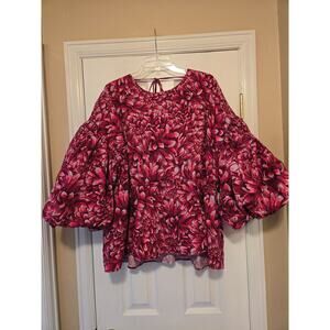 Sz 3X KIKA VARGAS Ruby Pink Floral Print Cotton Bishop Sleeve V-back Wrap Blouse